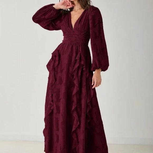 Burgundy Elegant Women's V-Neck Lantern Sleeve Flounce Hem Maxi Dress - Picture 7 of 8